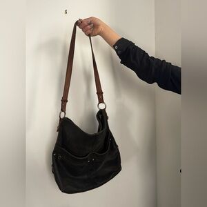 Women's Black Leather Shoulder Bag with Brown Strap - Classic Everyday Hobo